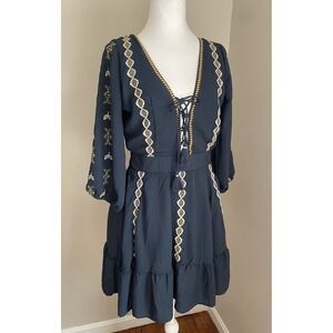 Dress Forum M Navy Embroidered Corset Tie Front Short Boho Hippie Alpine Oktober